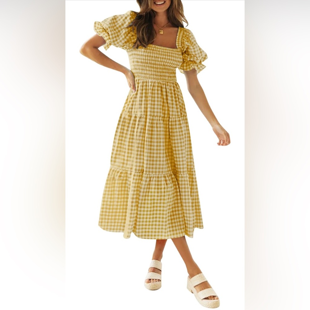 ZESICA Women's Plaid Square Neck Puff Sleeve Ruffle Flowy Beach Midi Dress